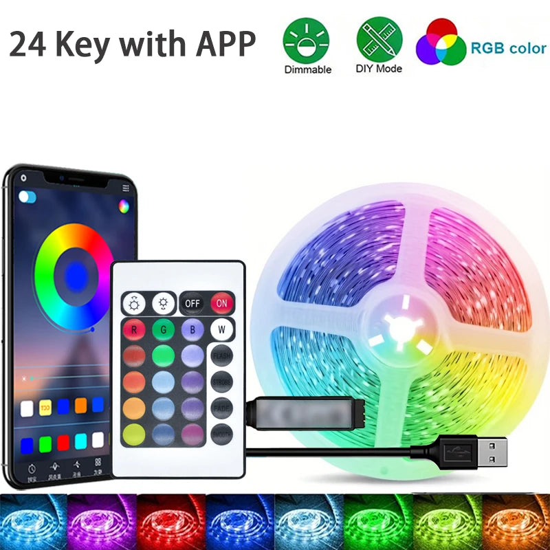 RGB LED Strip Light 1-40m with Music Sync, 44-Key Remote & APP Control, 5V USB Flexible Tape for Home TV Backlight Decor