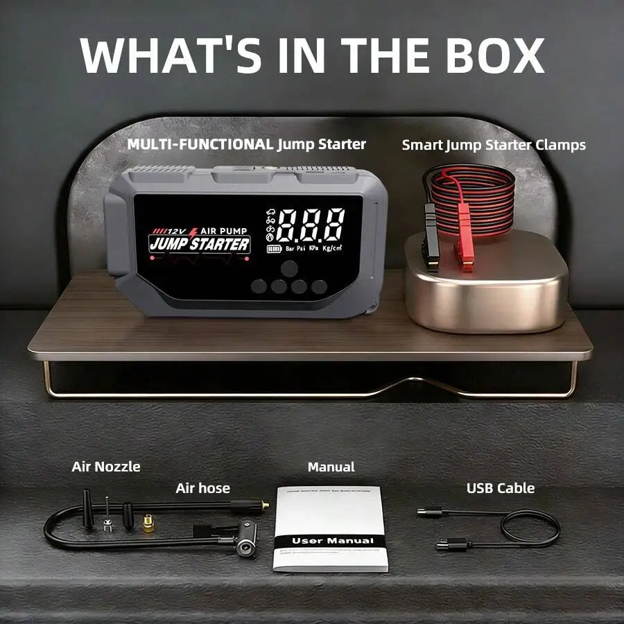 12V 8000A Portable Smart Jump Starter With 28100mAh Power Bank, Digital Air Pump, 400LUX LED Flashlight, USB-C & Type-A Ports