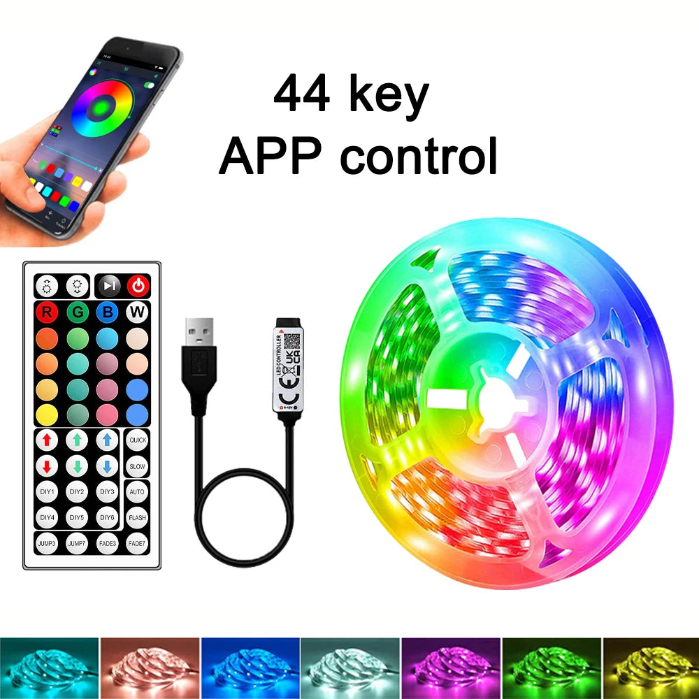 RGB LED Strip Light 1-40m with Music Sync, 44-Key Remote & APP Control, 5V USB Flexible Tape for Home TV Backlight Decor