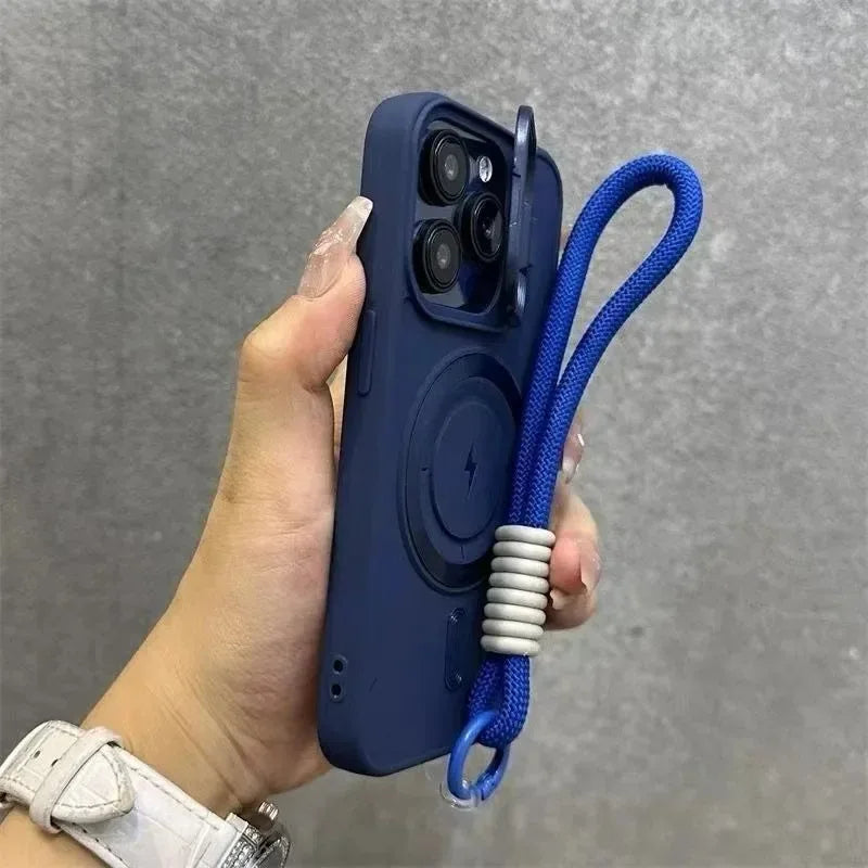 Luxury Flip Up Lens Holder Magnetic Phone Case for IPhone 17Air 16 15 14 13 12 11 Pro Max Plus Wristband Lanyard Soft Back Cover