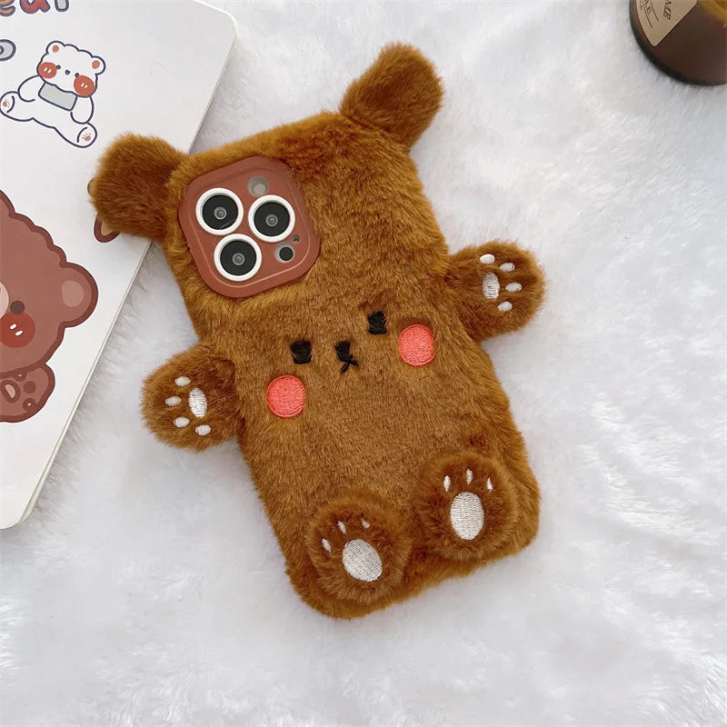 Korean 3D Cartoon Bear Fluffy Plush Couple Phone Case For iPhone 17 Air 16 15 14 13 12 11 Pro Max Shockproof Protective Cover