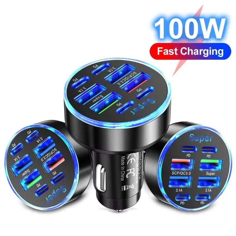100W/200W QC3.0 PD Mini Car Charger 12-24V Lighter Fast Charging Car USB Type C Charger for Xiaomi Samsung Huawei iPhone Power