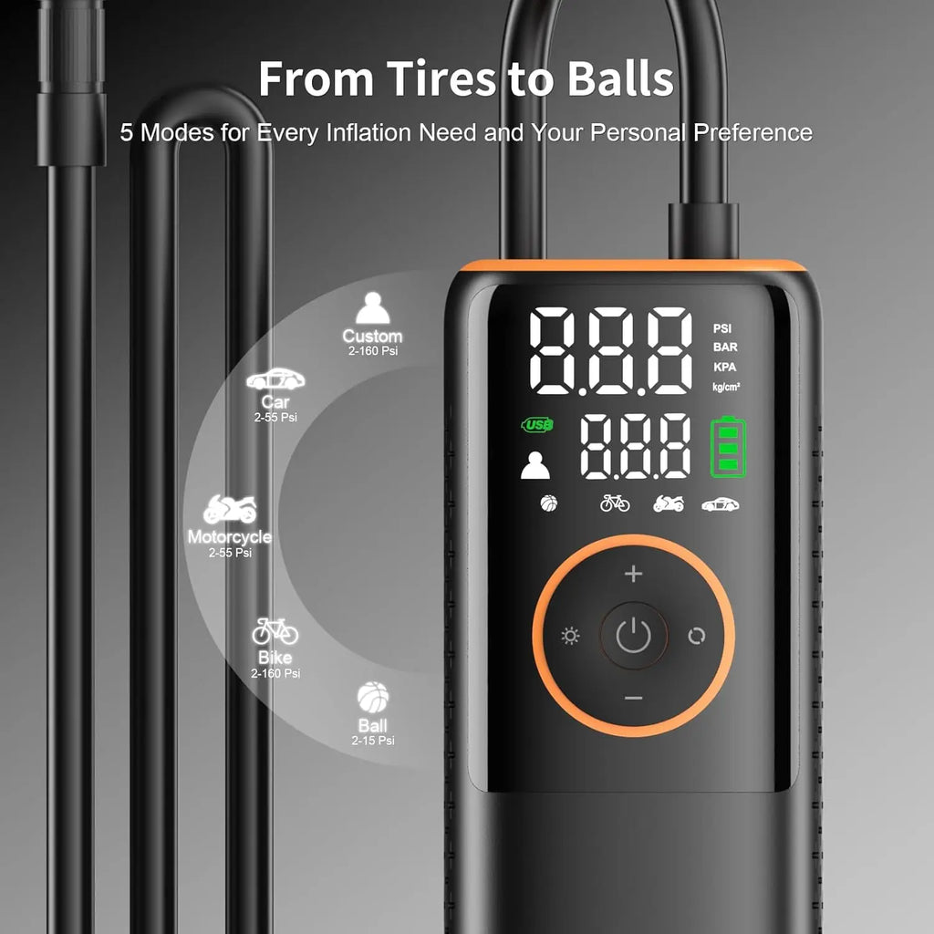 Portable Air Compressor Tire Inflator with 160 PSI, Dual Screen Display, Power Bank & Emergency Lights for Car Bike Motorcycle