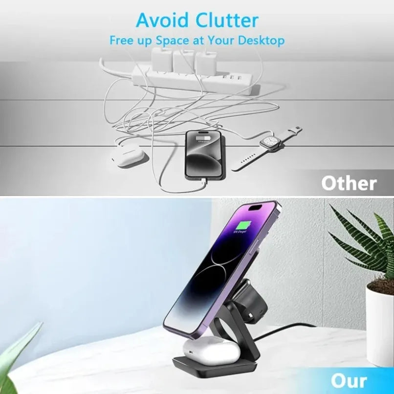 3 in 1 Foldable Magnetic Wireless Charger Stand for MagSafe Compatible iPhone 17 16 15 Apple Watch AirPods Pro 2 Strong Magnetic