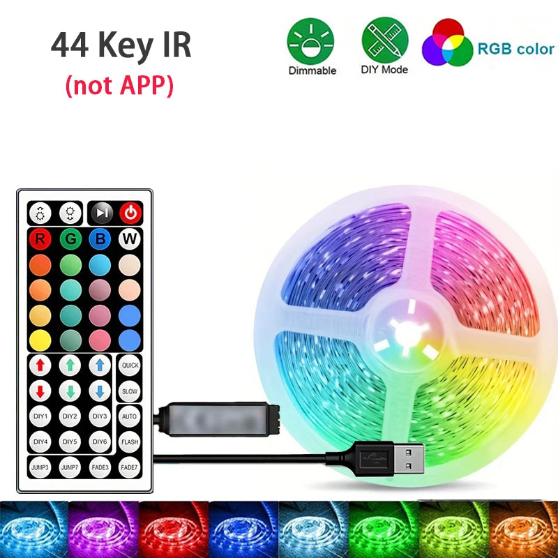 RGB LED Strip Light 1-40m with Music Sync, 44-Key Remote & APP Control, 5V USB Flexible Tape for Home TV Backlight Decor