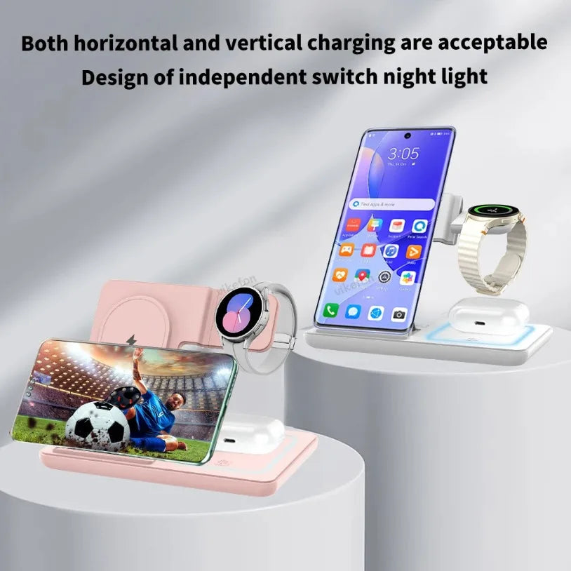 3 in 1 Foldable Wireless Charger Desk Stand For Samsung S24 S23 Galaxy Watch 2-8 Active 1 2 Buds Pro LED Fast Charging Station
