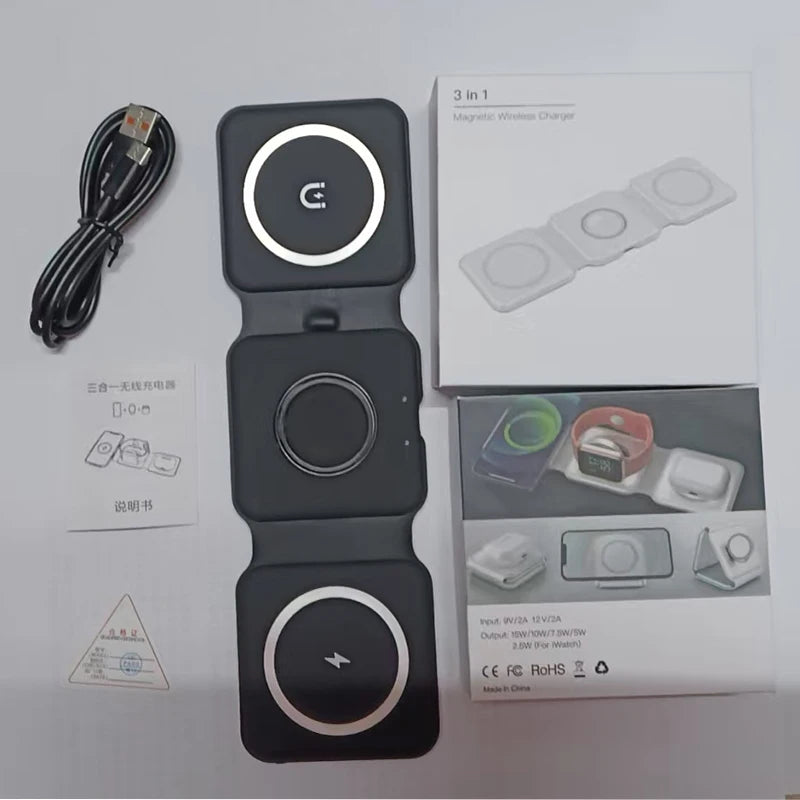 Universal Qi2 Magnetic Foldable Charging Station 30w Travel Charger for iPhone Samsung Xiaomi OPPO 3 in 1 Wireless Charger
