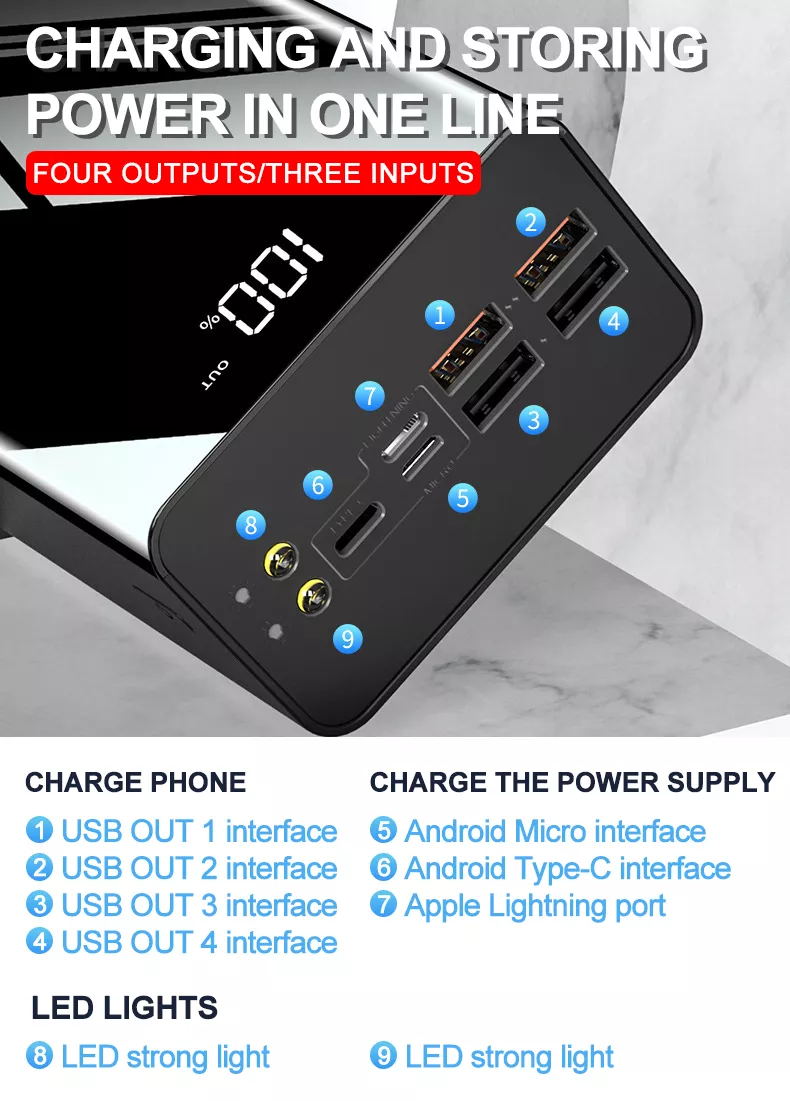 4 Port USB 3 Input Flashlight LED Digital Powerbank 50000mAh Mirror Custom 50000 mAh Power Bank 50000 mAh Powerbank 50000 mAh
