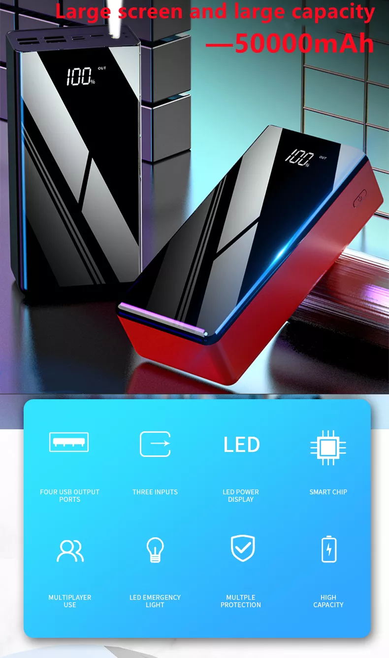 4 Port USB 3 Input Flashlight LED Digital Powerbank 50000mAh Mirror Custom 50000 mAh Power Bank 50000 mAh Powerbank 50000 mAh
