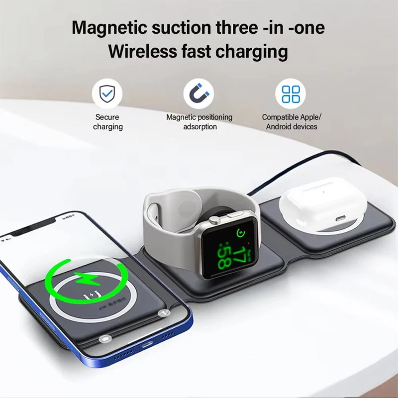 Universal Qi2 Magnetic Foldable Charging Station 30w Travel Charger for iPhone Samsung Xiaomi OPPO 3 in 1 Wireless Charger