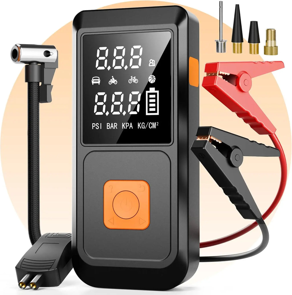 Portable Car Battery Jumper Starter with Air Compressor, 150PSI Tire Inflator, LED Light & Power Bank - Emergency Kit