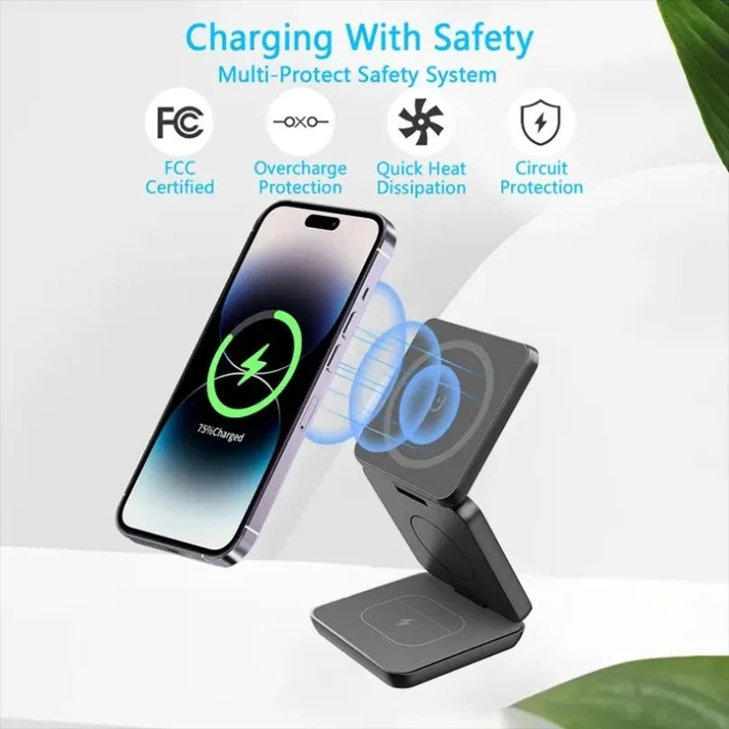 3 in 1 Foldable Magnetic Wireless Charger Stand for MagSafe Compatible iPhone 17 16 15 Apple Watch AirPods Pro 2 Strong Magnetic