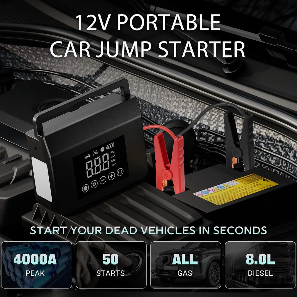 4000A Portable Jump Starter with Air Compressor, 12V Car Battery Power, 150PSI Tire Inflator, 15000mAh PowerBank & Quick Charge