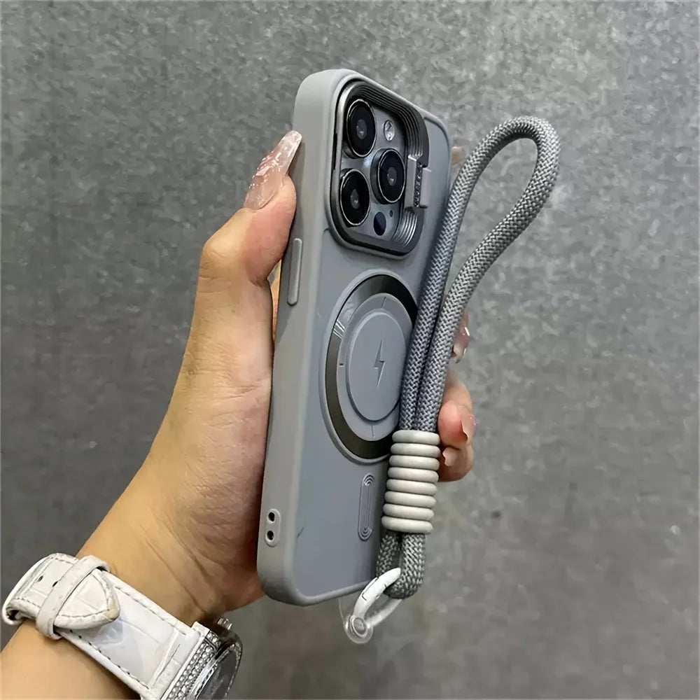 Luxury Flip Up Lens Holder Magnetic Phone Case for IPhone 17Air 16 15 14 13 12 11 Pro Max Plus Wristband Lanyard Soft Back Cover