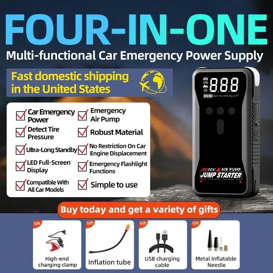12V 8000A Smart Car Jump Starter With Air Pump Power Bank Flashlight For Gasoline Vehicles