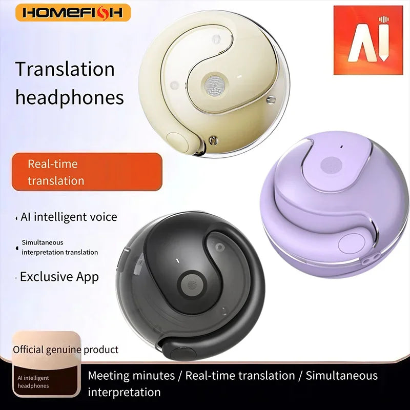 HOMEFISH New Open Ear Wireless Translation Earbuds Bluetooth 5.4 AI Real-time Translator Headphones Sports Earphones with Mic