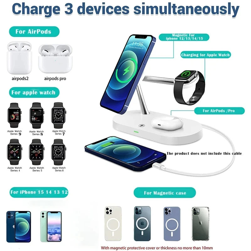 3 in 1 Magnetic Wireless Charger Stand For iPhone 12 13 14 15 16 Fast Charging Station for Apple Watch 10 9 8 7 6 5 Airpods Pro