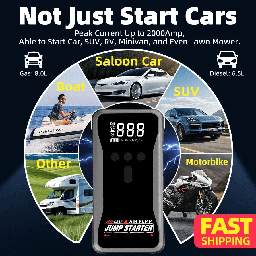 12V 8000A Smart Car Jump Starter With Air Pump Power Bank Flashlight For Gasoline Vehicles
