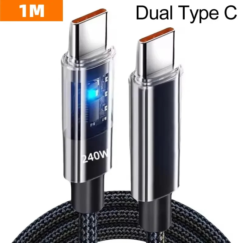 0.25/1/1.5/2M 240W Nylon USB C PD Super Fast Charging Data Cable With LED Display USB To Type C Quick Charge Data Cords New
