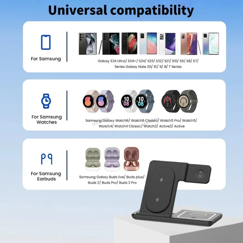 3 in 1 Foldable Wireless Charger Desk Stand For Samsung S24 S23 Galaxy Watch 2-8 Active 1 2 Buds Pro LED Fast Charging Station