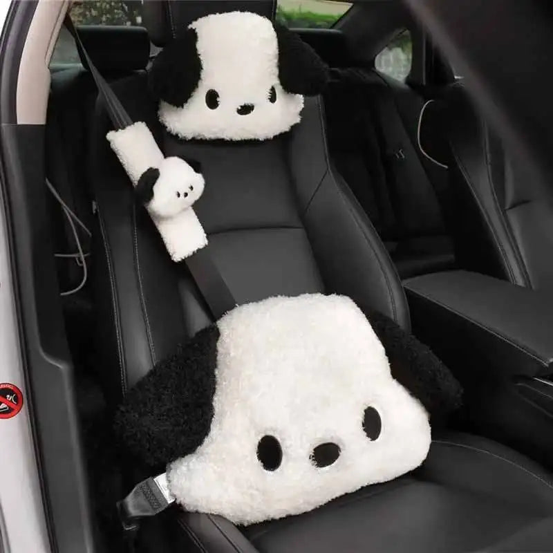 Cartoon Car Plush Lumbar Pillow Headrests Fixed Elastic Band Soothing Spine Design Soft Comfortable Puppy Practical Car Interior