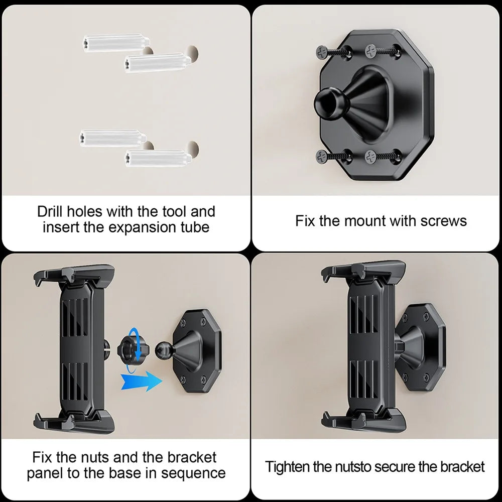 Wall Mount Phone Holder Tablet Stand Adjustable Clamp 360 Rotation Universal Bracket for iPhone iPad Kitchen Bathroom Bed