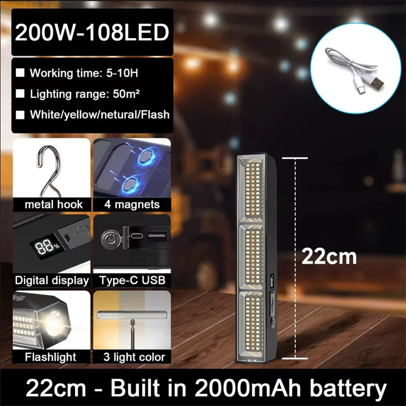 2025【High Power Magnetic LED Light Bar】41cm Portable USB Rechargeable Work Light 3 Modes IP66 Waterproof Emergency Power Bank