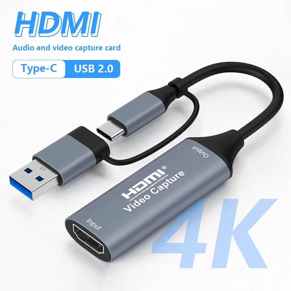 4K 2 in 1 USB 2.0 Video Capture Card USB/Type-C to HDMI 1080P Game Live  Recorder For PS4 PS5 Switch Xbox Windows Mac iPad