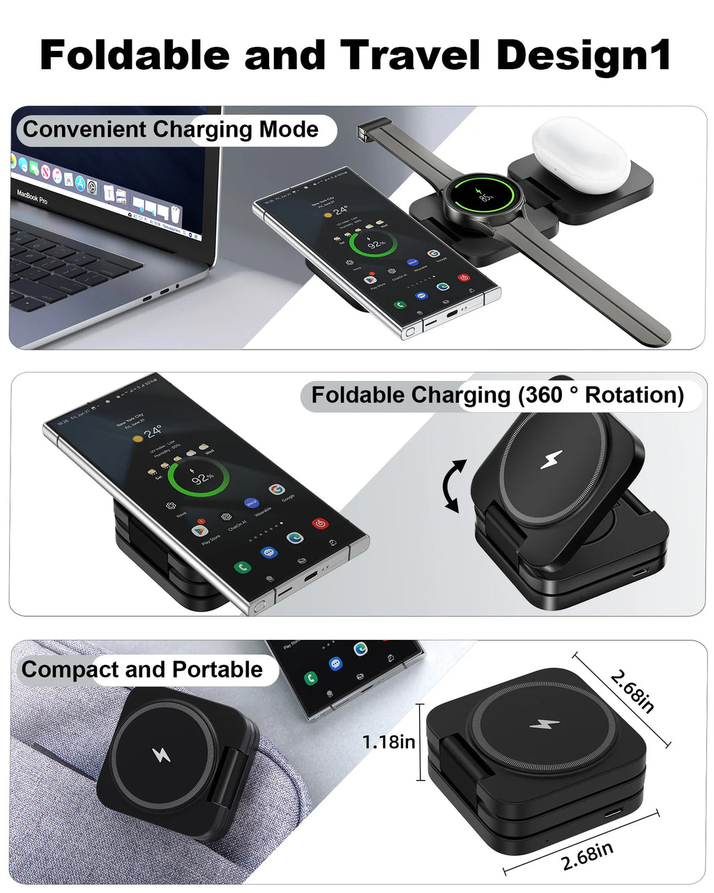 3 in 1 Wireless Charger Station for Samsung  Galaxy S24 Ultra S23 S22 Note 20 Z Fold Flip 6 5, Galaxy Watch Ultra 7 6 5, Buds