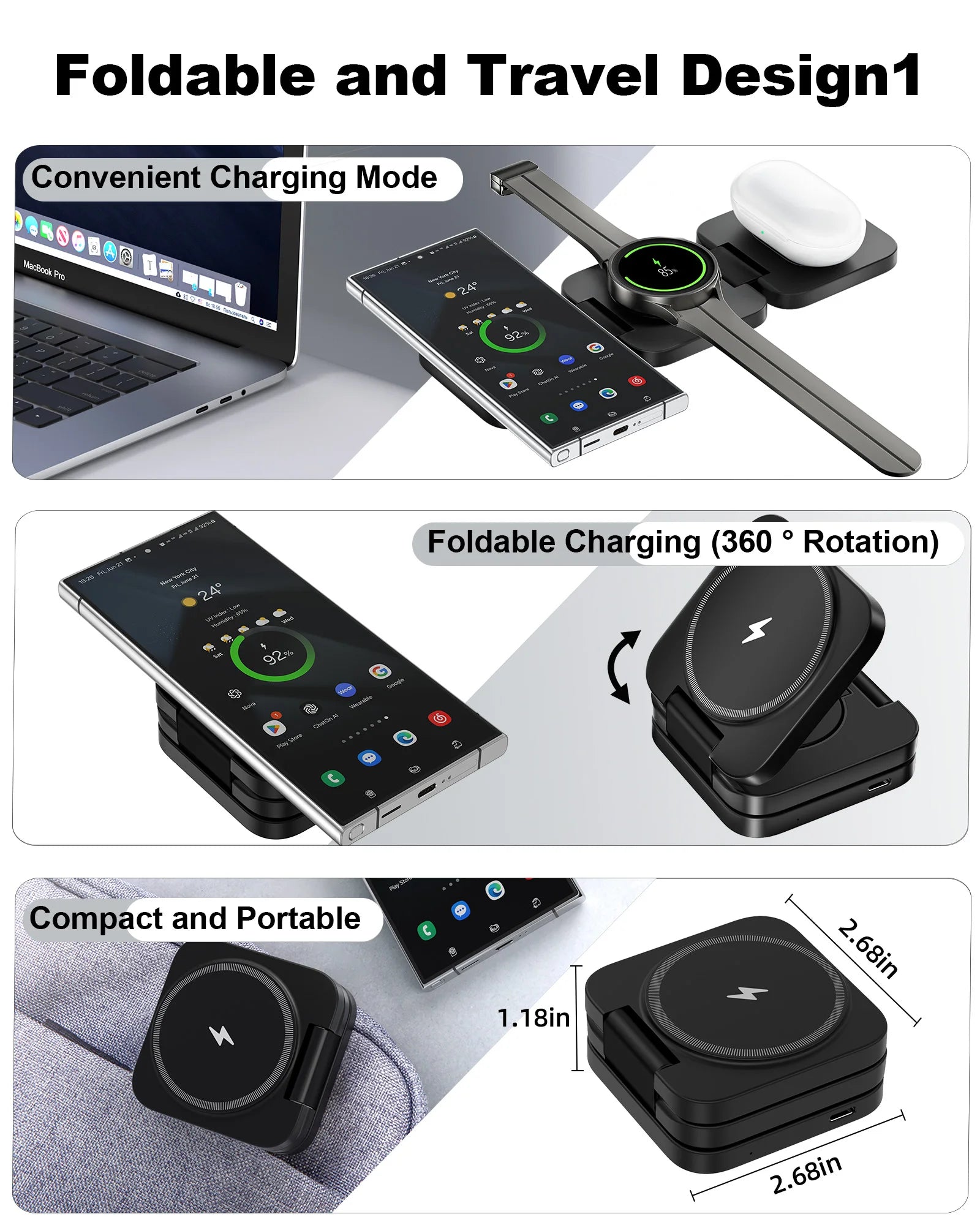 3 in 1 Wireless Charger Station for Samsung  Galaxy S24 Ultra S23 S22 Note 20 Z Fold Flip 6 5, Galaxy Watch Ultra 7 6 5, Buds
