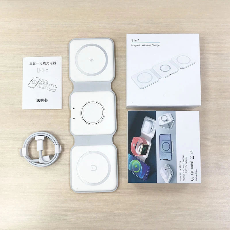 Universal Qi2 Magnetic Foldable Charging Station 30w Travel Charger for iPhone Samsung Xiaomi OPPO 3 in 1 Wireless Charger