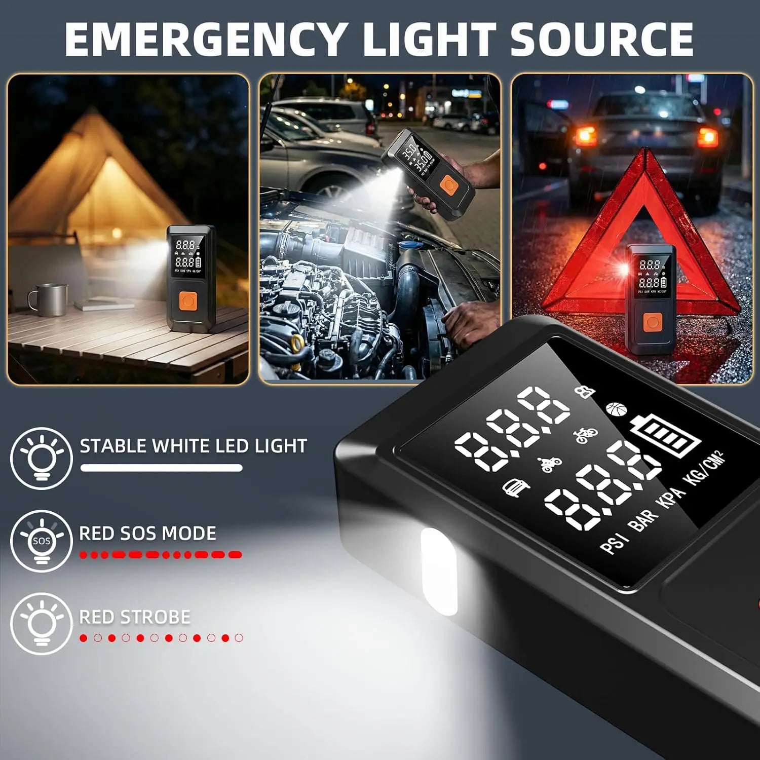 Portable Car Battery Jumper Starter with Air Compressor, 150PSI Tire Inflator, LED Light & Power Bank - Emergency Kit