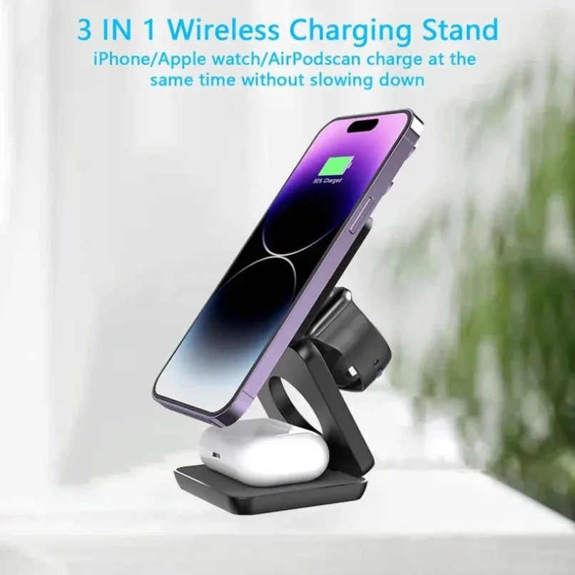 3 in 1 Foldable Magnetic Wireless Charger Stand for MagSafe Compatible iPhone 17 16 15 Apple Watch AirPods Pro 2 Strong Magnetic