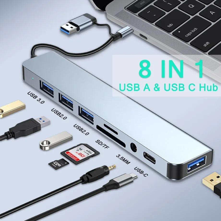 TYPE-C Hub USB3.0 Hub 8 in 2 USB Extender with SD/TF Card Reader& 3.5mm Audio Jack for MacBook/PC/Laptop/Tablet Devices Splitter