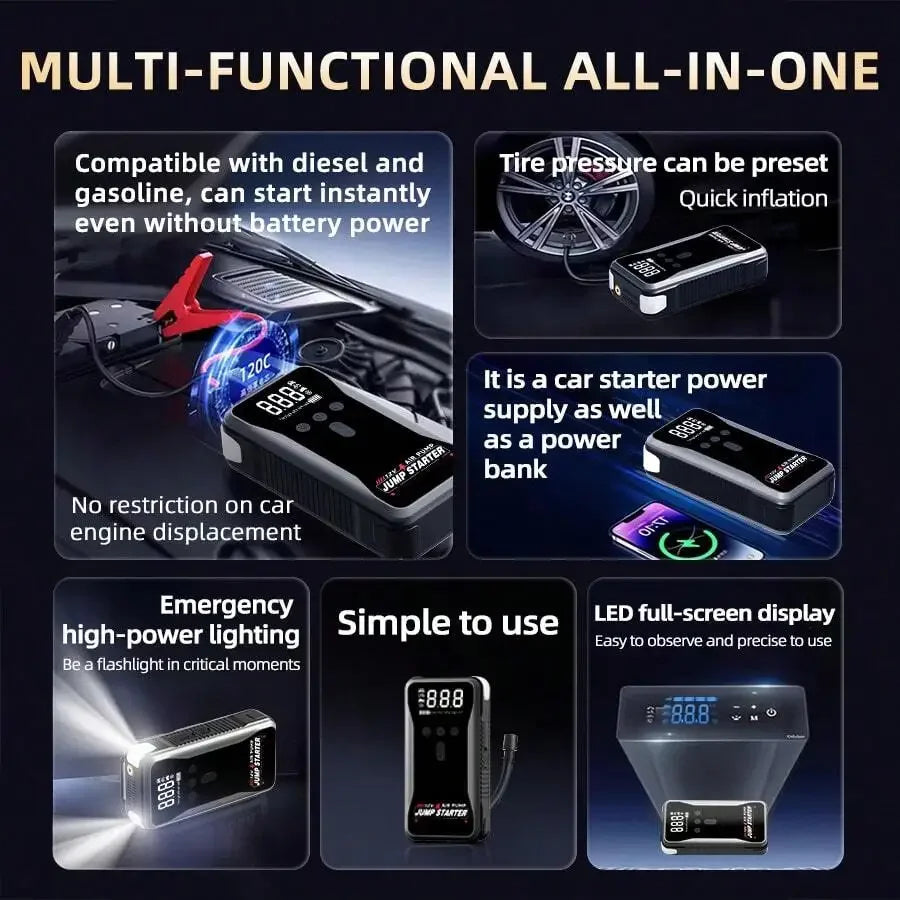 12V 8000A Smart Car Jump Starter With Air Pump Power Bank Flashlight For Gasoline Vehicles